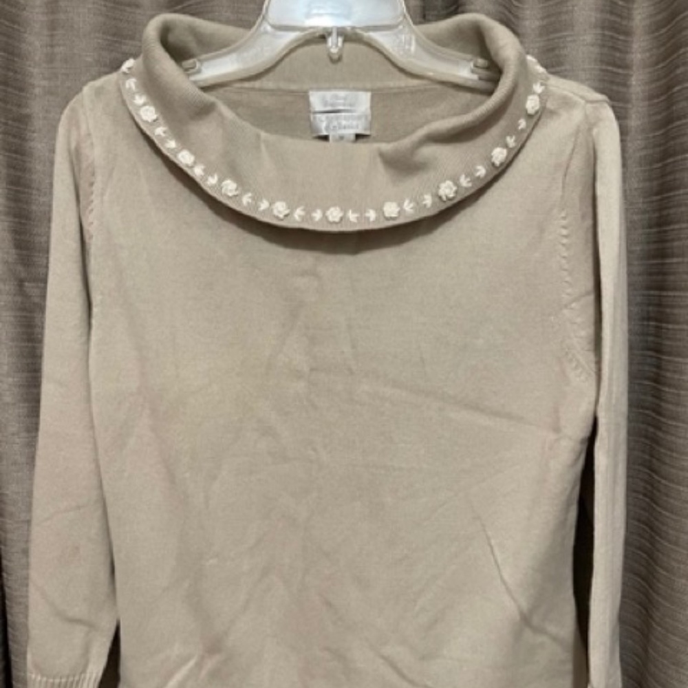 Christopher & Banks Size Medium 3/4 Sleeve Hand Embroidered Beige Sweater
